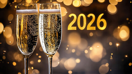 Wall Mural - two champagne glasses with golden 2026 numbers on a dark shimmering background, creating a festive c
