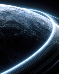 a planet with luminous rings in deep space