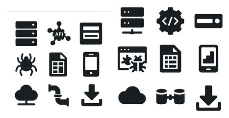 Technology and development solid icons set – web, api, coding tools
