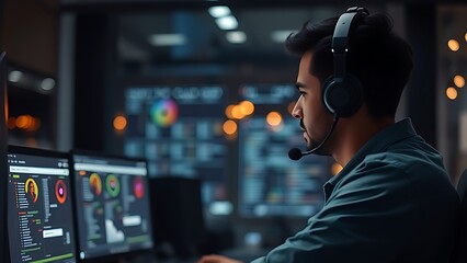 A focused developer working at a modern workstation, surrounded by a tech-inspired ambiance.