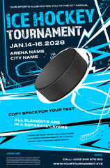 Wall Mural - ice hockey tournament dynamic poster template with puck