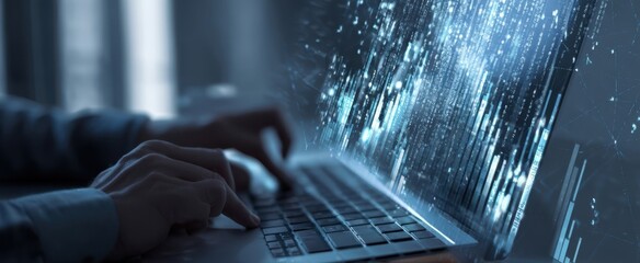 the laptop displaying vibrant digital data analytics in a modern workspace.