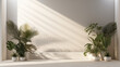 © FlyStun - Fond composé d'un mur blanc, avec lumière et ombre et plante décorative. Ambiance calme, épurée, luxe. Arrière-plan pour conception et création graphique.