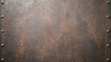 A textured rusty metal surface with a border of rivets creating a vintage industrial background
