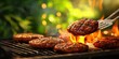 © Yevhen - The sizzling burgers on a grill with vibrant flames and fresh ingredients.