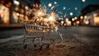 © Manzoor - Mini shopping cart with fireworks, holiday shopping concept, celebration scene, festive retail, small cart art