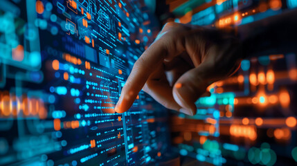 Human Hand Interacting with a Futuristic Digital Interface Filled with Glowing Blue and Orange Data Streams, Representing Cybersecurity, Programming, and Advanced Technology in a High-Tech 