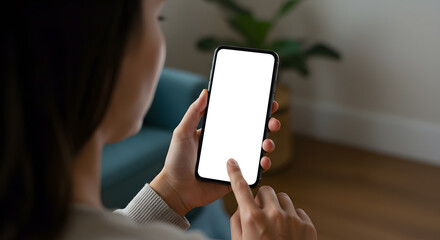 Young woman user holding smart phone in hand touching finger mock up white empty cellphone screen using mobile applications at home. Display mockup close up over shoulder view.