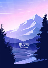 Wall Mural - Mountain landscape. Bright sunset in the mountains. Path running through the valley. Evening twilight. Travel, tourism concept. Vector illustration. 