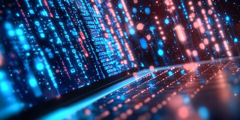 Wall Mural - futuristic cybernetic landscape featuring immersive data visualization and holographic projections