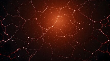 Wall Mural - The image features an abstract network of interconnected nodes and lines set against a dark reddish-brown background speckled with tiny white dots resembling stars.