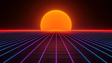 Wall Mural - the image shows a retro-style digital landscape with a neon orange sun setting over a grid of neon l