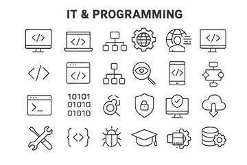 IT and programming line icon set. Software development, coding, and computer technology symbols. Web design, database, cloud computing, and cybersecurity vector pictograms.