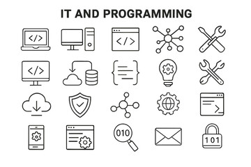IT and programming thin line icon set. Software development, coding, and web design symbols. Vector collection for data security, cloud computing, and network technology.