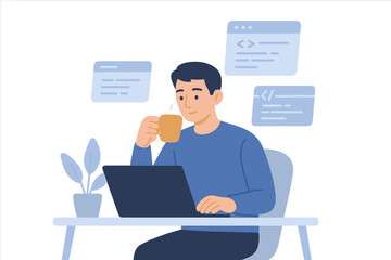 Man programmer or coder working at his desk with a laptop. Freelancer character concept of a developer job. Remote work from home office, programming and coding technologies.