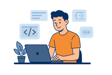 young man freelancer working on laptop computer. freelance job concept. developing programming and c