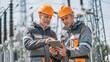 © intha - Two engineers in safety gear discuss data on a tablet at an outdoor electrical substation.