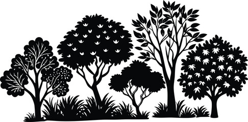 Variety of trees and bushes in black and white silhouette against a white background