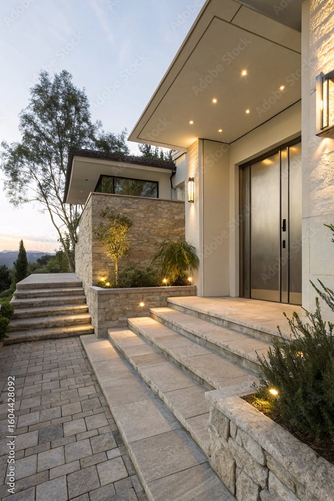 Stunning modern home exterior with illuminated stone pathway and ...