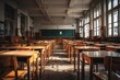 © scorpiries2004 - Empty Examination Hall with Wooden Desks and Natural Light