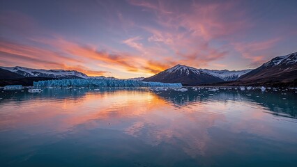 Wall Mural - sunset over a frozen lagoon with drifting icebergs