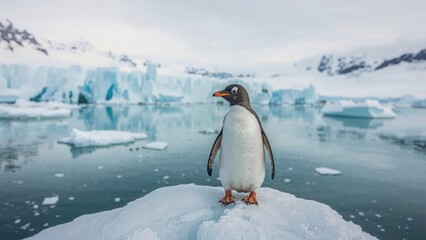 Wall Mural - lone gentoo penguin standing on a glacier surrounded by snow and icy terrain