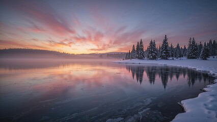 Wall Mural - dawn breaking on a frozen water body