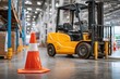 © Iamflow2468 - Safety training workplace rules concept. Warehouse scene featuring a forklift and a safety cone in focus.
