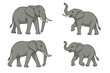 © Hannah - Set of cartoon elephants. Vector collection of adult and baby African elephants in different poses. Walking and standing grey elephant illustrations with tusks isolated.
