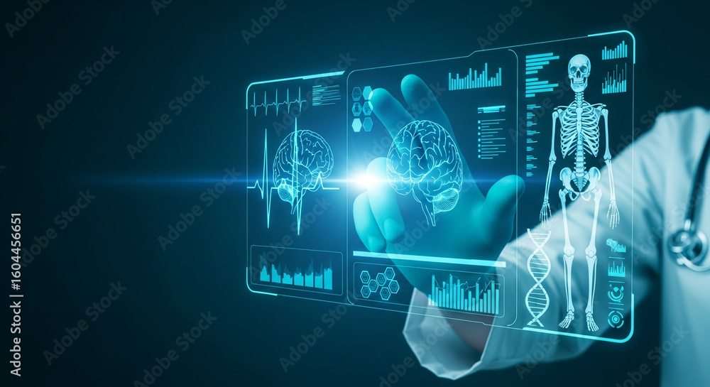 Doctor using futuristic interface to analyze patient data, including ...