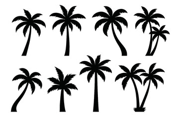Tropical Palm Tree Silhouette Collection for Vacation, Beach, Exotic Island, Summer Travel, Nature Landscape, Paradise Design, Vector Isolated Transparent Background