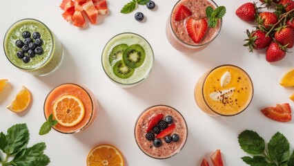 Wall Mural - flat lay shot of creatively arranged smoothies. food concept illustration. smoothies set against a w