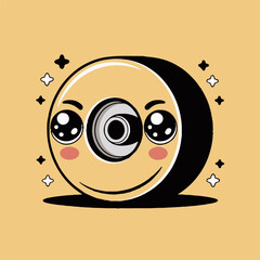 Wall Mural - A cartoonish smiley face with big eyes and a single eye in the center on a yellow background