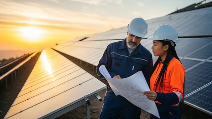 Engineers discussing plans near solar panel array during sunset at renewable energy site