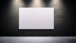 © Newton - blank white canvas mockup on dark concrete wall with underglow lighting in empty gallery room for modern exhibition or presentation concept