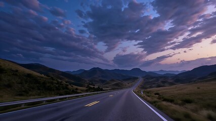 Wall Mural - Hyper real animated road stretches beneath orange twilight distant mountains glow seamless video k loop provides travel agency o headers meditation backgrounds automotive showreel transitions