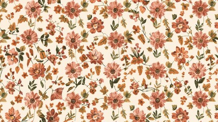 Wall Mural - 70s style seamless floral pattern featuring autumnal botanicals. Bohemian flowers suited for kids' wallpaper, gift paper, webpage backgrounds, and greeting cards.