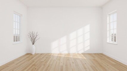 Wall Mural - minimalist interior with hardwood floors, an ornamental vase, and a landscape visible through the wi