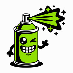 Wall Mural - Cartoon illustration of a green spray paint can with a winking face and spraying green paint