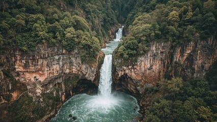 Wall Mural - drone-shot perspective of twin cascading waterfalls plunging down a rugged cliff within a deep canyo