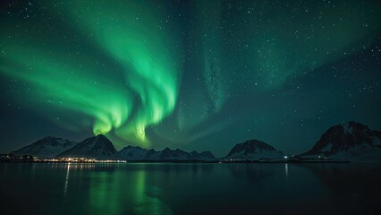 Wall Mural - green northern lights illuminating mountainous terrain at night with reflections on water.