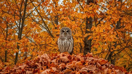 Wall Mural - a close-up of a long-eared owl amidst orange oak leaves and yellow autumn foliage.