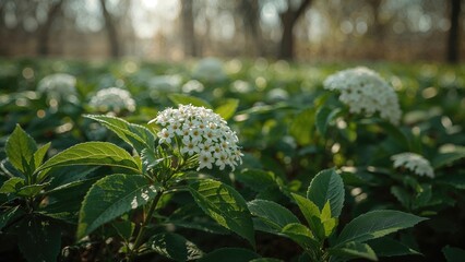 Wall Mural - Tender clusters of ivory chestnut flowers bloom from thick green leaves, revealing the natural grace of a calm forest in spring.