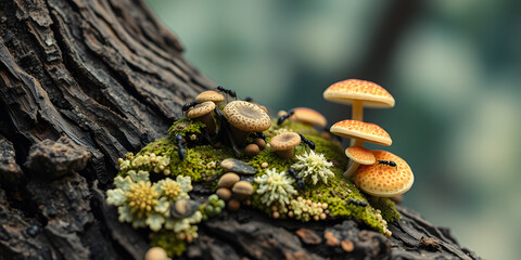 A close up of mushrooms and moss growing on a tree trunk with ants crawling on the mushrooms and moss