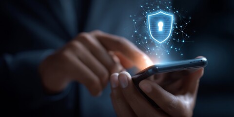 Wall Mural - businessman using smartphone to access ai security features with shield and padlock icon illustratin