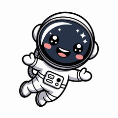 Wall Mural - A cute cartoon astronaut with a big smile floating in space with stars in their helmet reflection