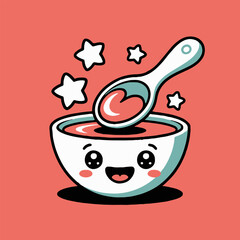 Wall Mural - A cute cartoon bowl of soup with a spoon and stars on a coral background in vector art style