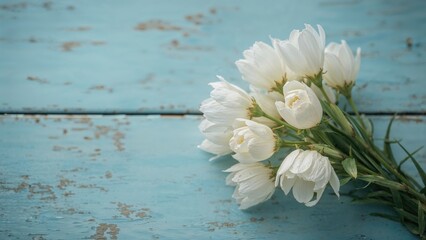 Wall Mural - White blossoms arranged on a blue wooden backdrop frame