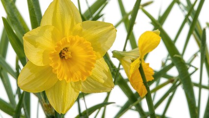 Wall Mural - Single yellow daffodil flower showcased on a white surface