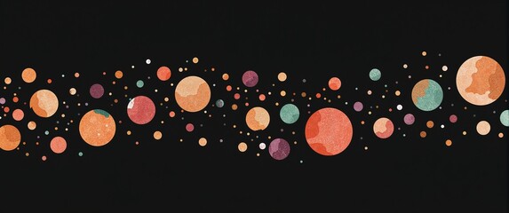 Wall Mural - Botanical line art illustration filled with watercolor bubbles in sunset orange teal and plum spread lightly on plain black background